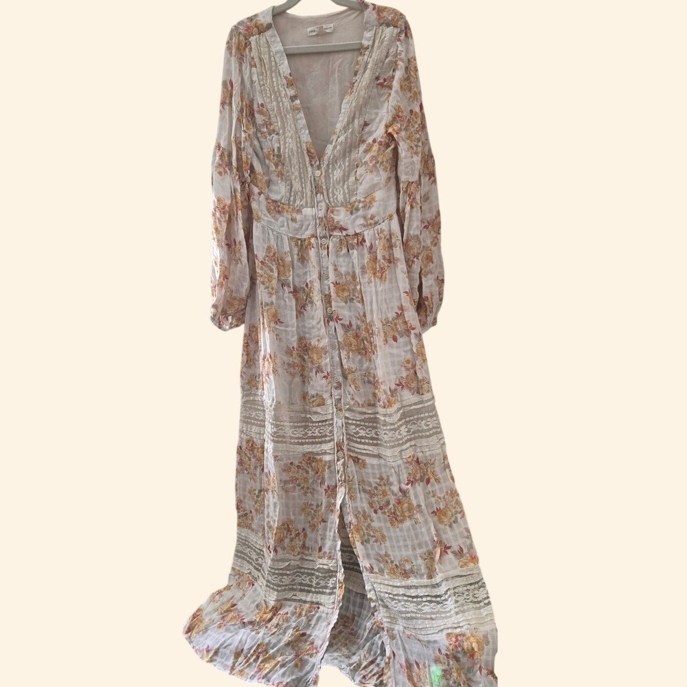 Coco & Jamieson Floral Lace Maxi Dress Long Sleeve Button Front Boho M